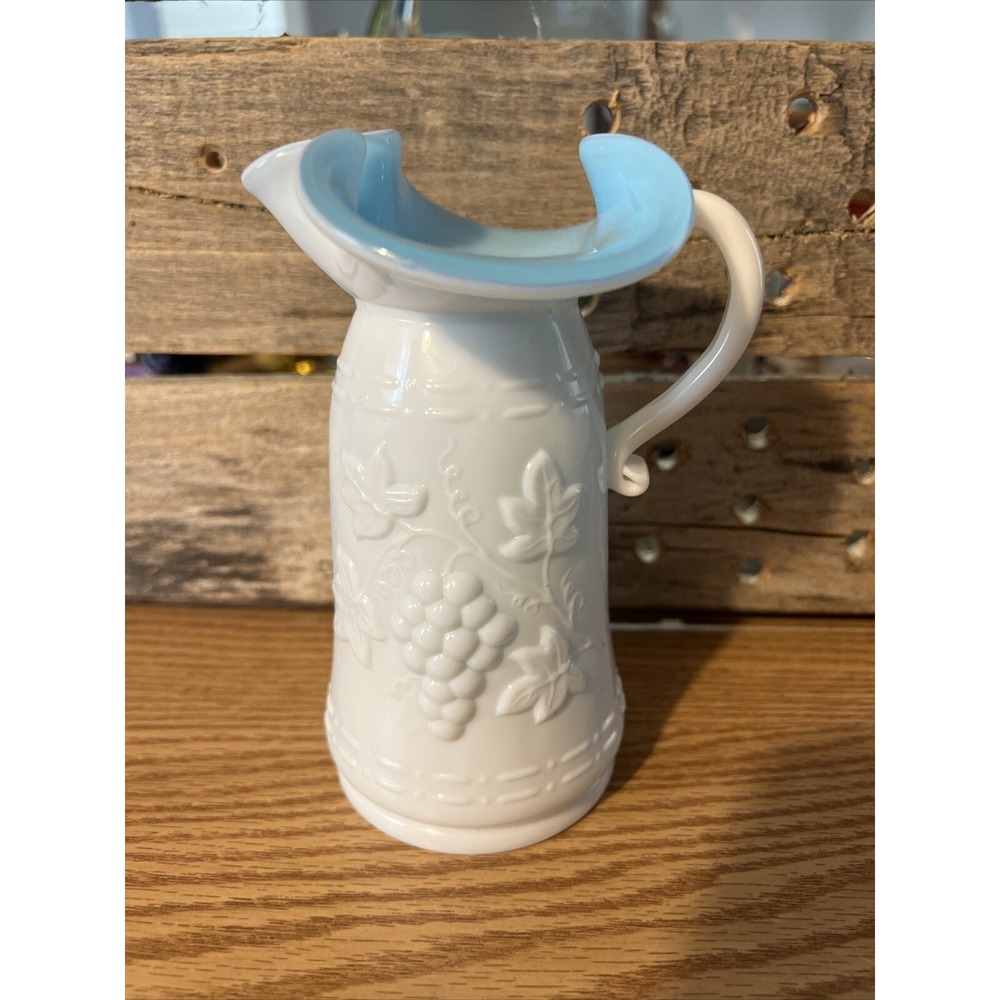 Kanawha Glass Pitcher Blue & White Milk Glass Embossed Grape Vine Pattern Leaf